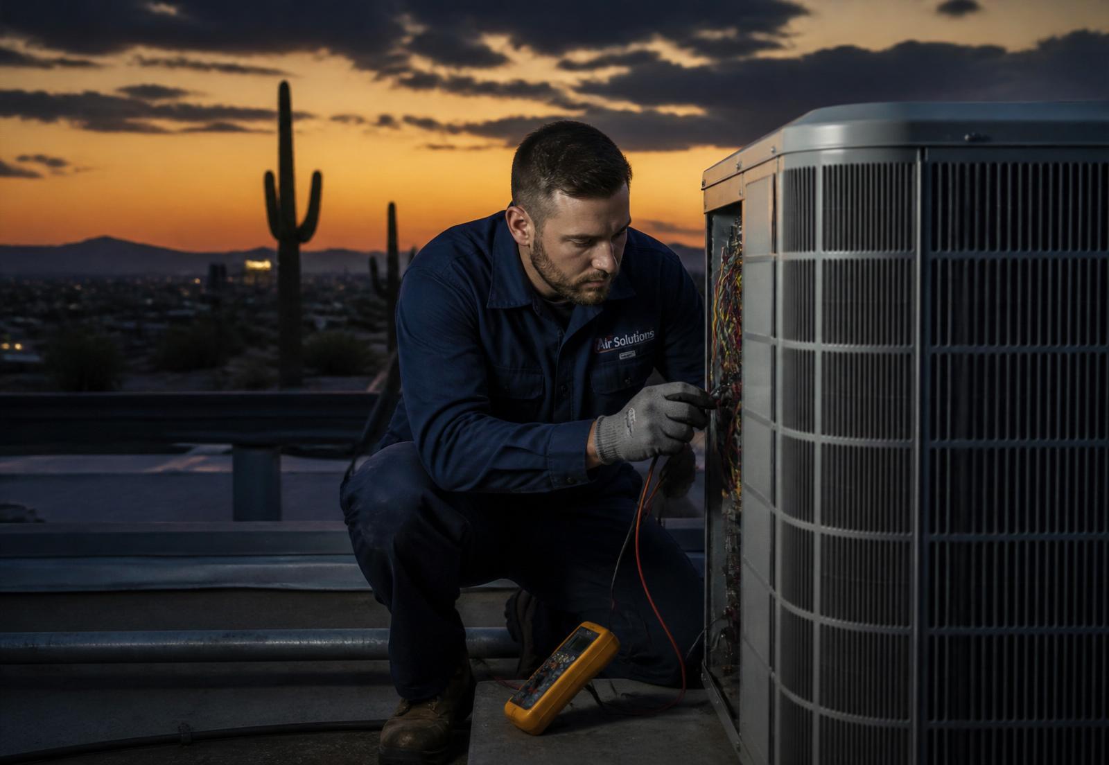 CoolCare technician servicing an outdoor condenser on a Phoenix rooftop at dusk